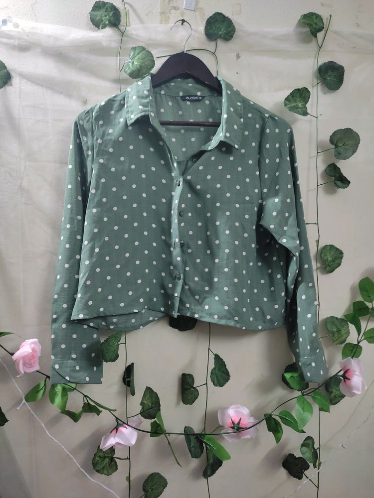 Olive Green Polka Dot Crop Shirt