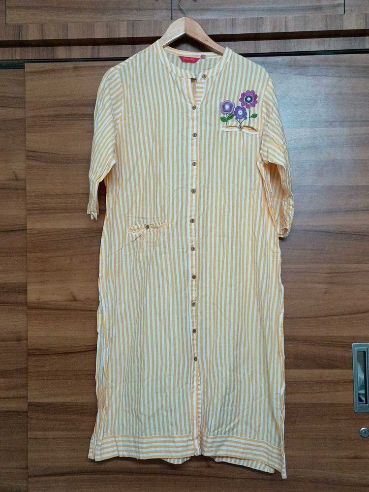 Morpankh Yellow And White Stripes Kurta ( XXL)