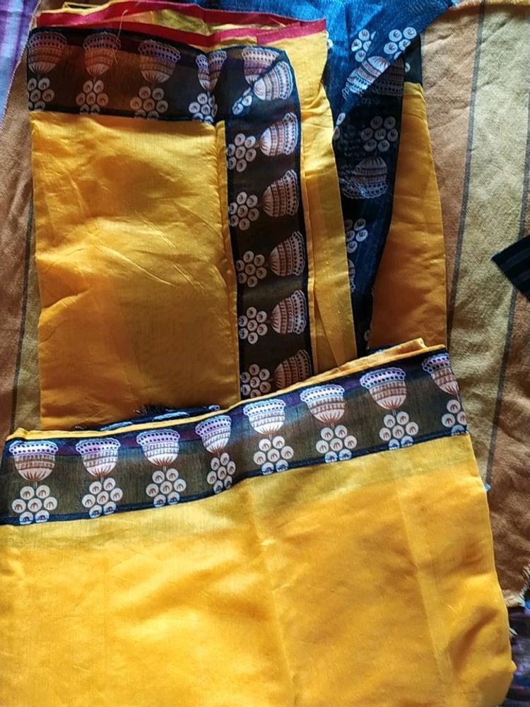 (New) Beautiful Yellow Saree With Blouse Piece