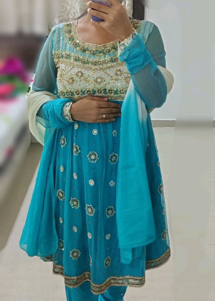 Emblished Anarkali Heavy Work Blue And White Dress