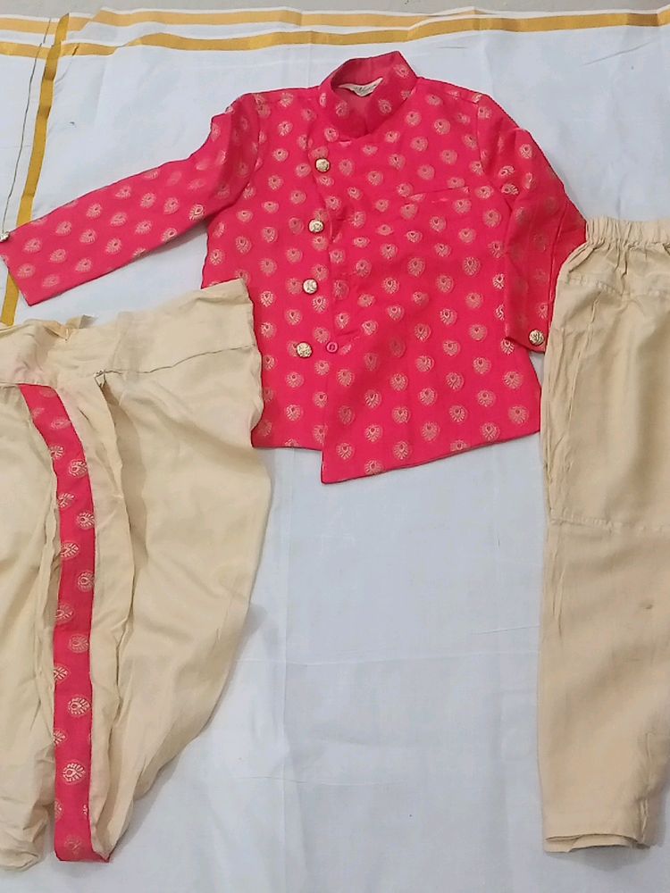 Dark Pink Golden Print Kurta Pyjama Boys