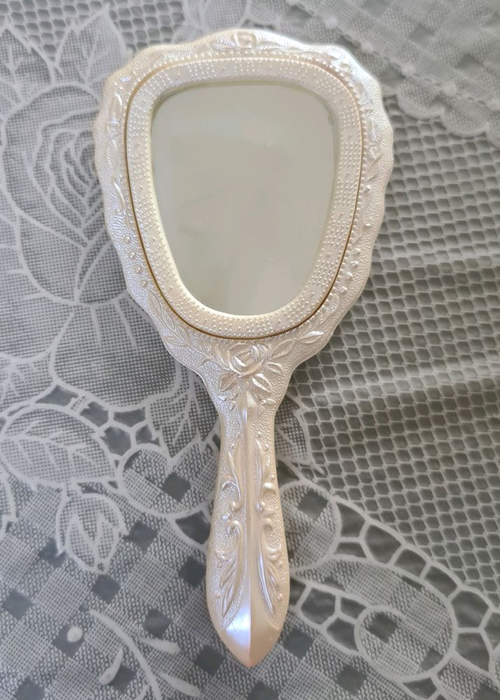 Ivory White Hand Mirror with carved roses