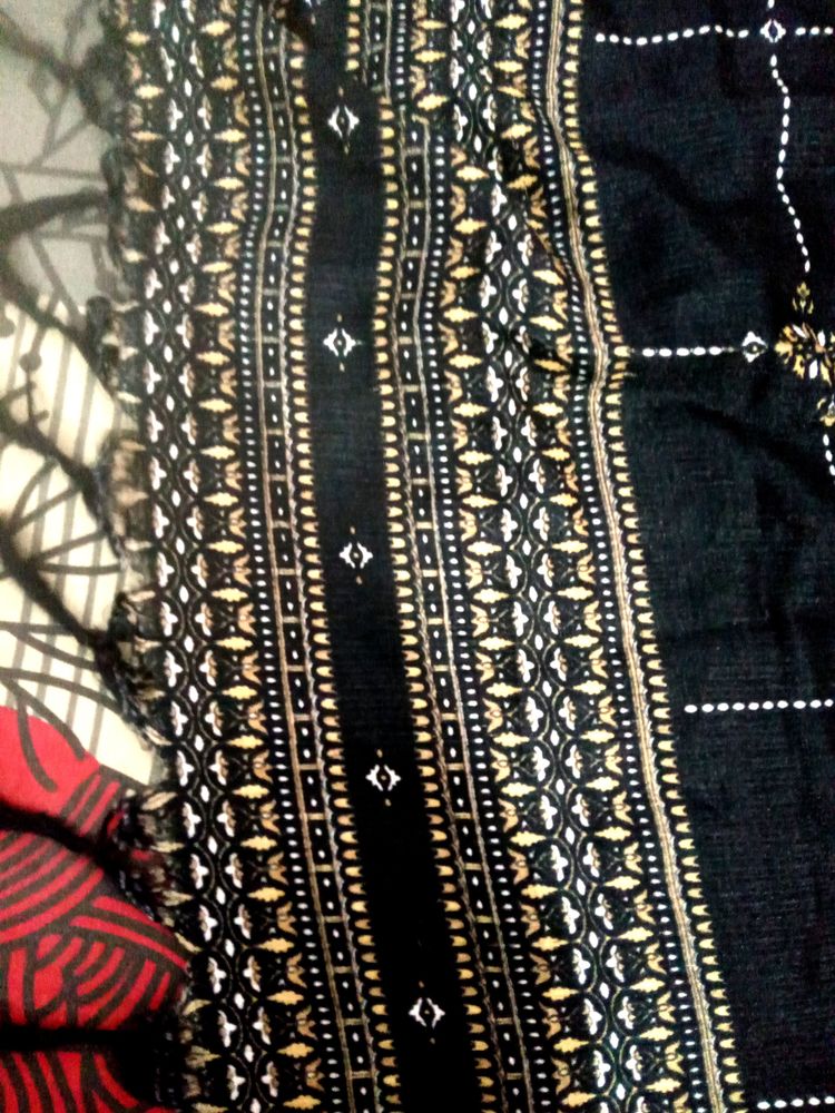 Black Silk Blend Dupatta With Golden Print