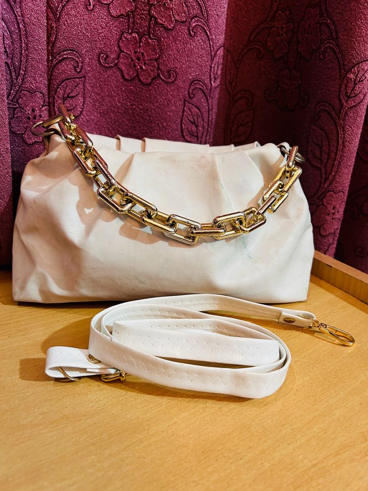 White Hand Bag With Golden Chain For Hanging