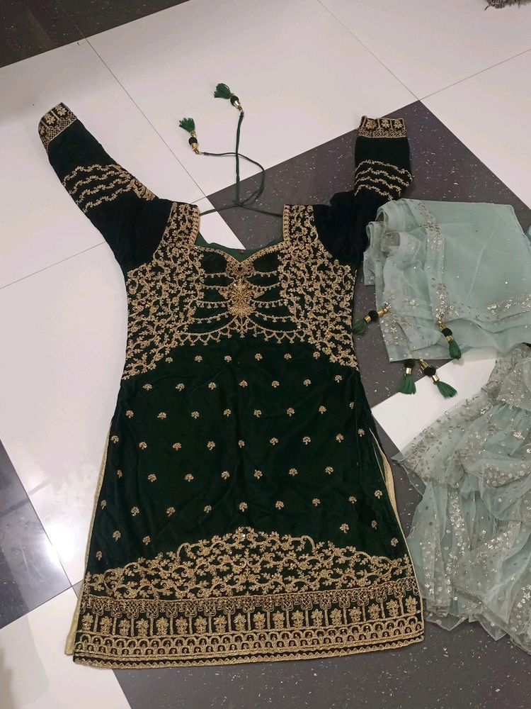 Velvet Gharara Kurti Set With Net Dupatta