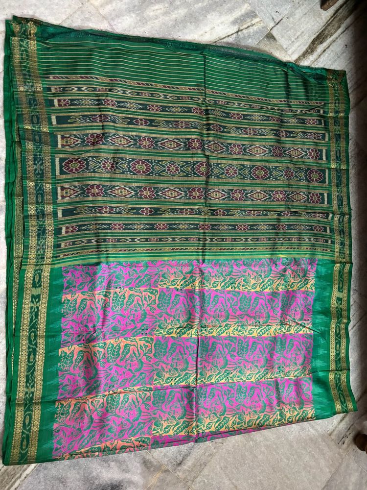 Pure Silk Khandua Ikkat With Beautiful Handblock