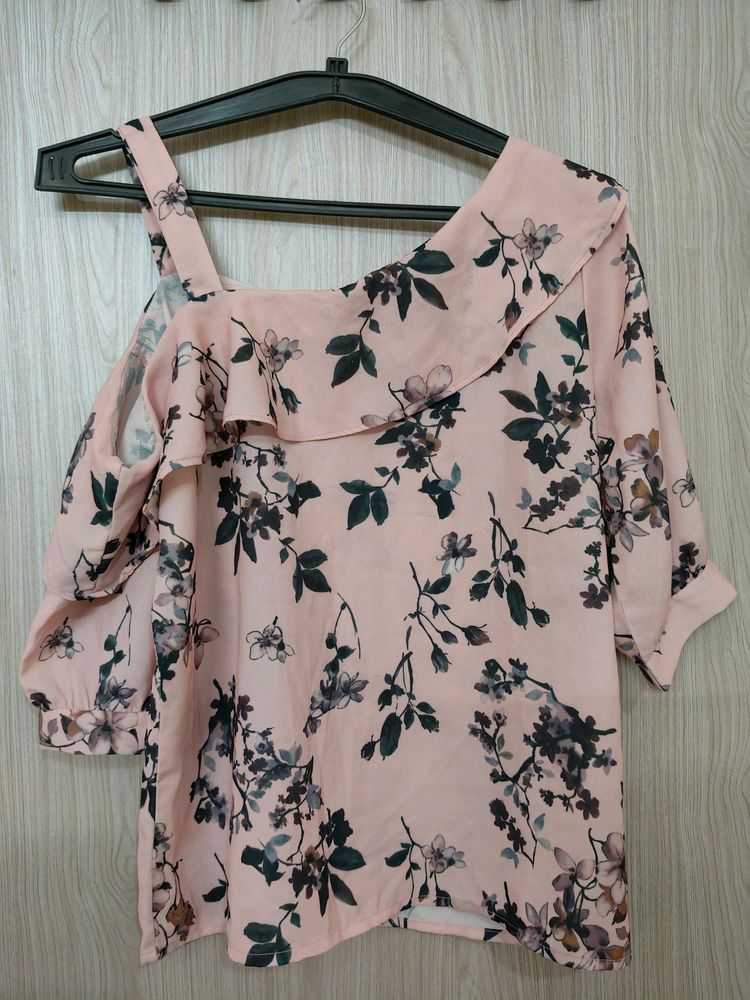 Pink And Charcoal Grey Floral Print Top