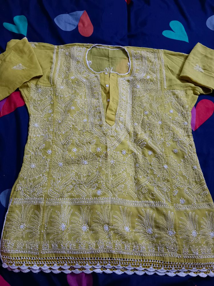 Lime Cotton With Chikankari Work Kurta