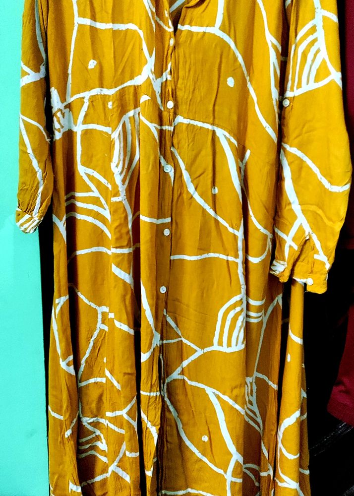 Mustard Yellow Reyon Cotton Long Top With Front B