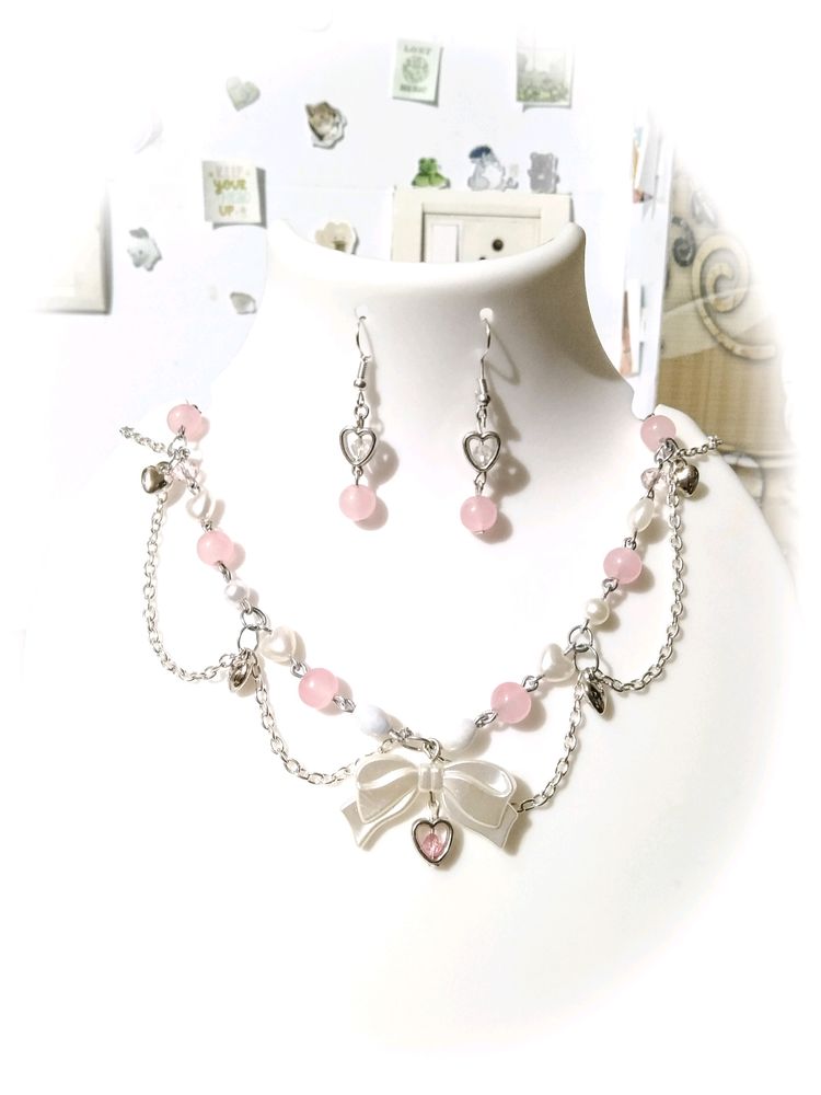 coquette pink necklace With Earrings 💓🎀