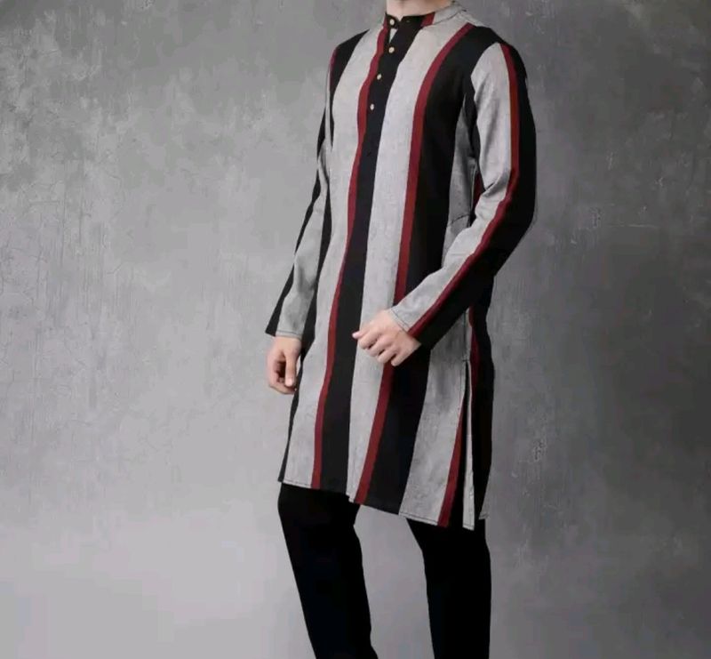 Anouk Men Black & Grey Striped Straight Kurta