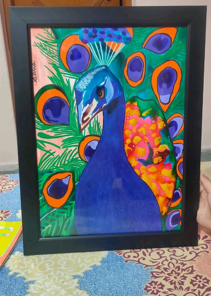 Handmade Framed Peacock Painting