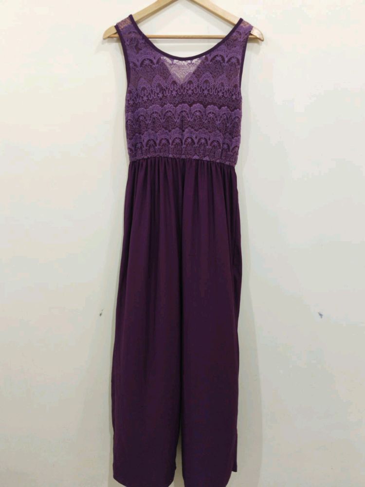 V Neck Purple Net Patch Sleevless Jumpsuit