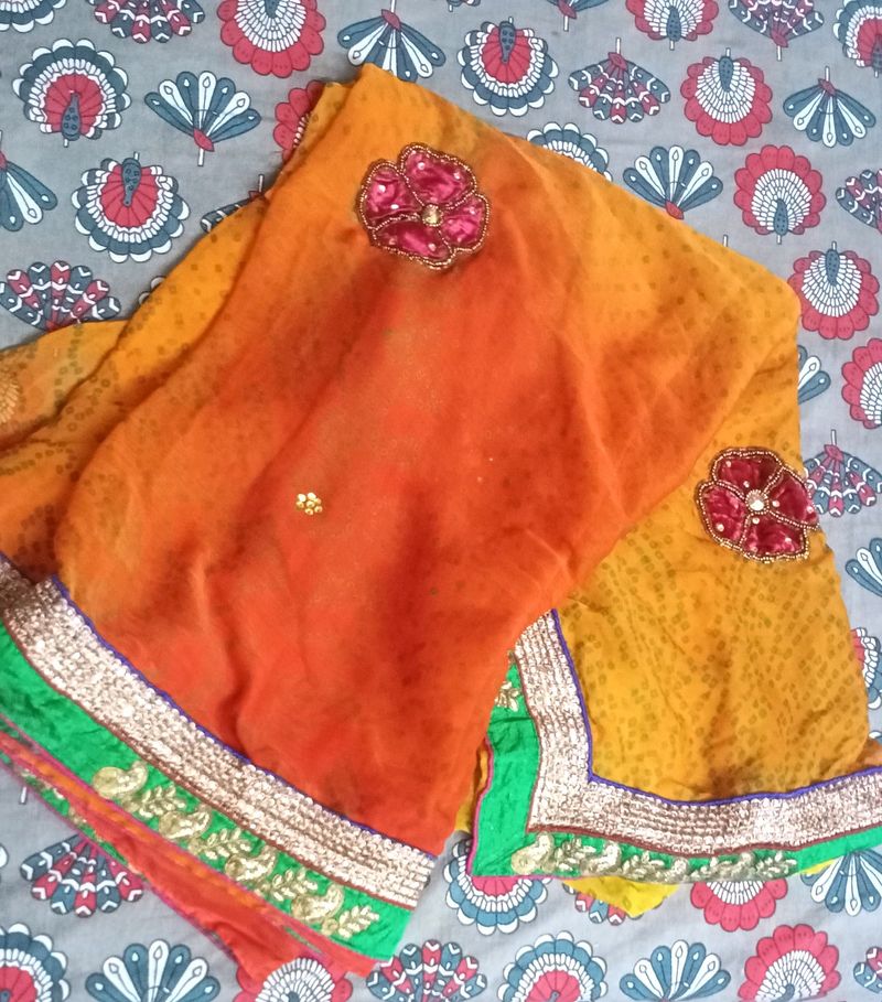 Mustard & Orange Bandhani Print Saree With Blouse