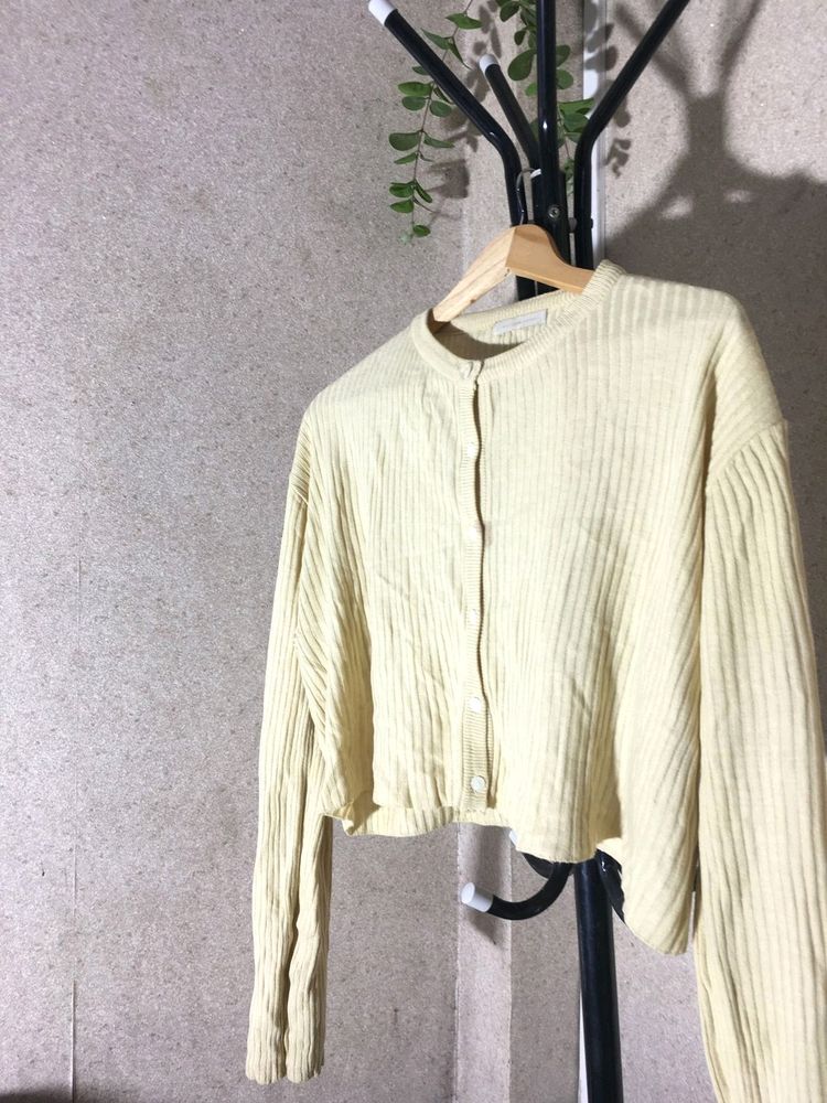 Yellow Cardigan Crop Sweater Full Sleeve