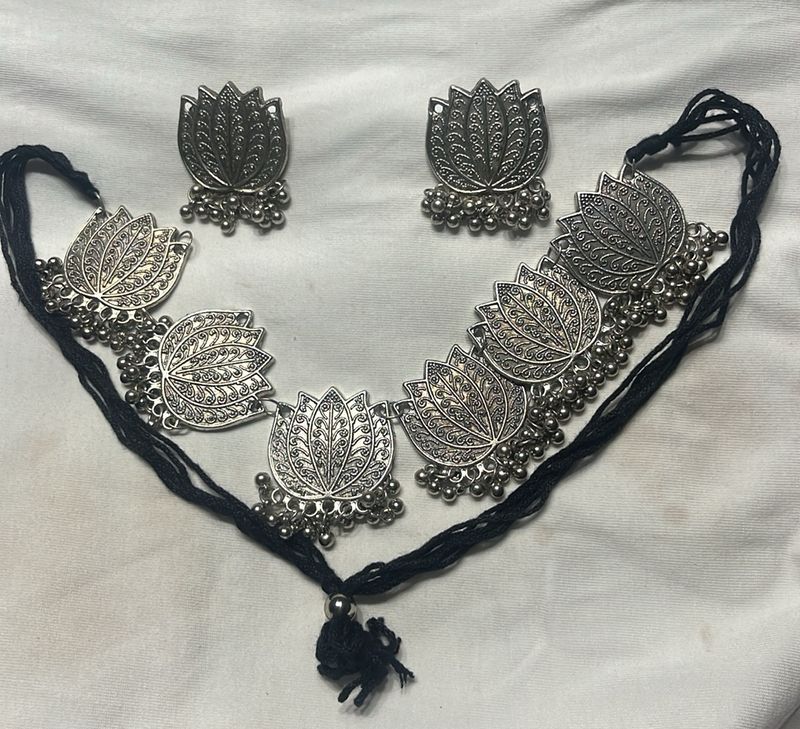 oxidised lotus design choker set with earrings