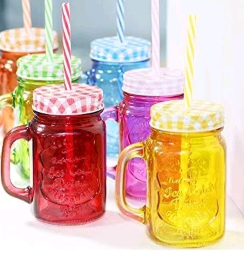 Set of 2 Mason Jar Glass Cups with Straws & Lids