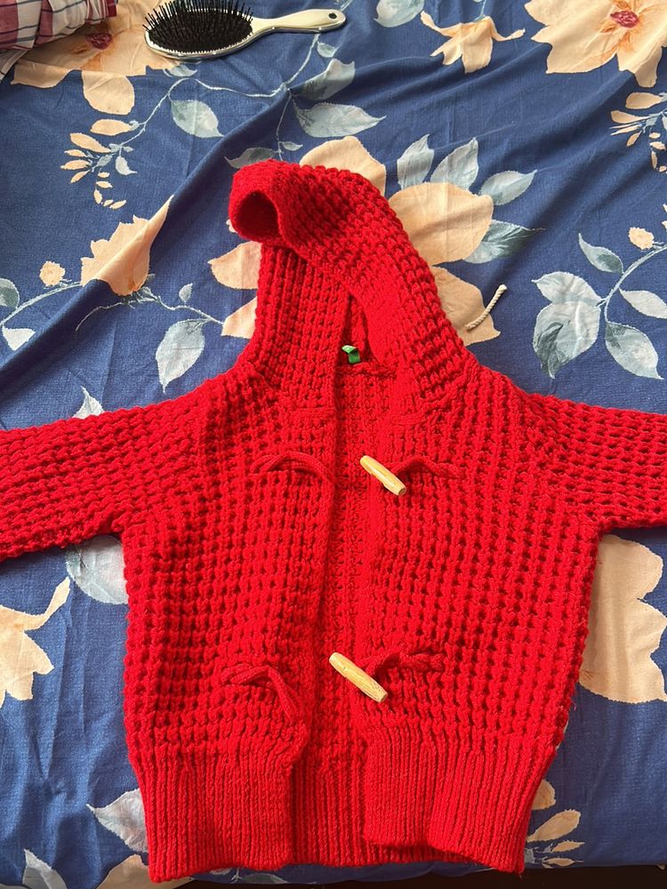 New Red Hoodie Sweater Cardigan With Wooden Button For Girls