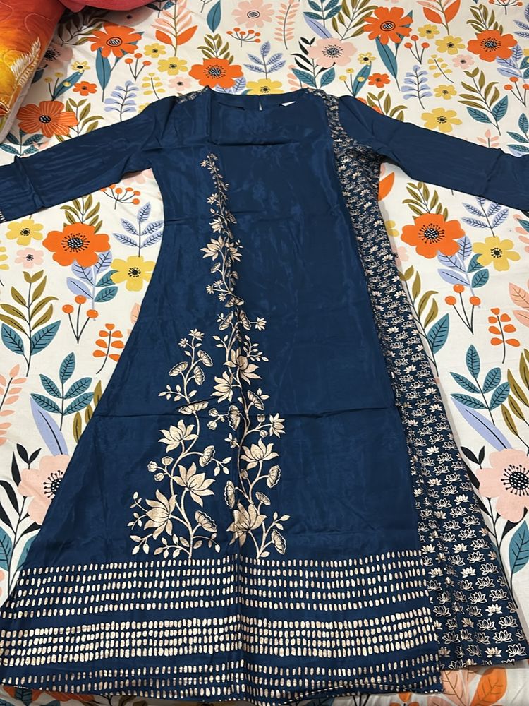 Blue Zari Cotton Silk Kurti