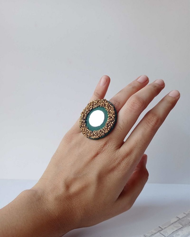 Mirror Dark Green And Golden Adjustable Ring