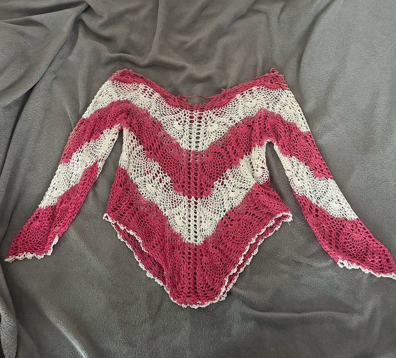 PINK&WHITE CROCHET SWEATER Y2K TRENDY