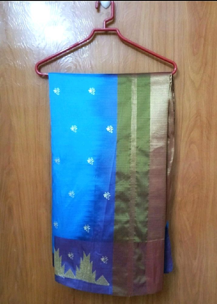 Blue Silk Saree With Purple Zari Border