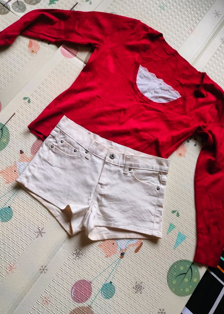 🍒 Red Woolen Top And White Shorts