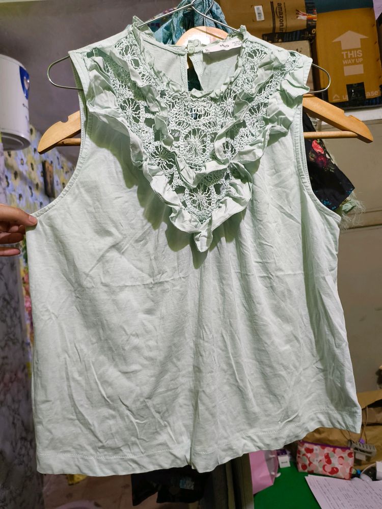 Mango Green Solid Cotton Ruffled Regular Top