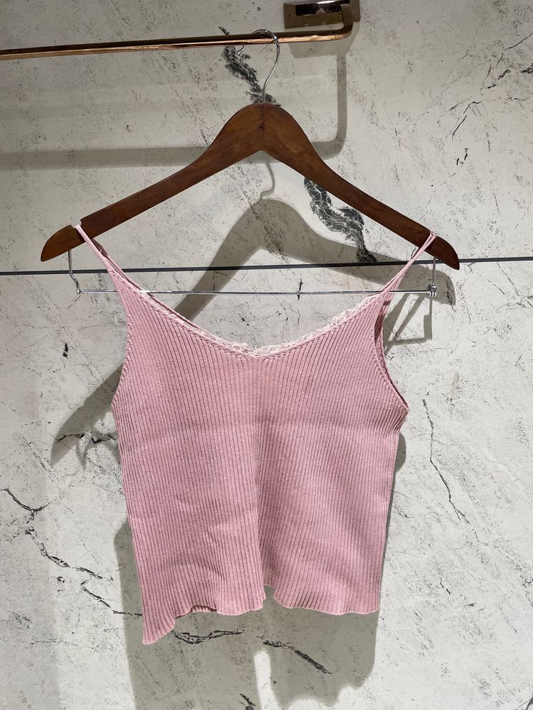 Pink Crop Top With Lace Neckline