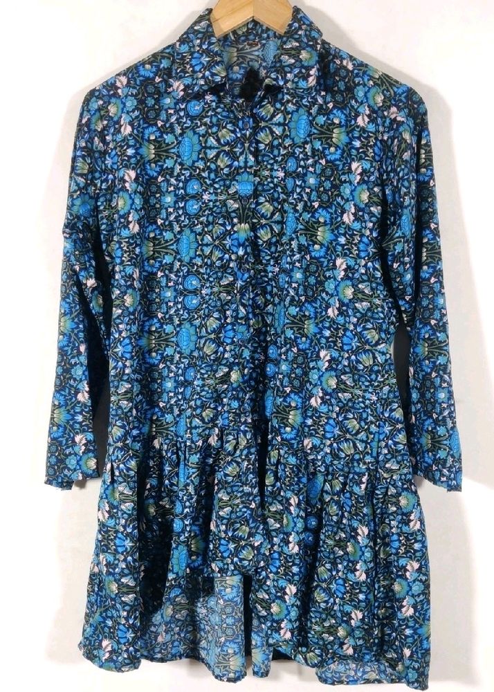 Blue Floral Printed Collared High-low Flared Tunic