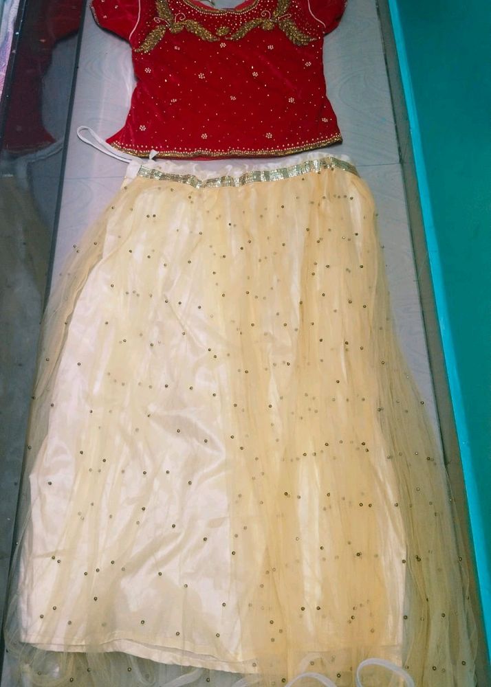 Red And Cream Colour Girl Crop Top With Dupatta