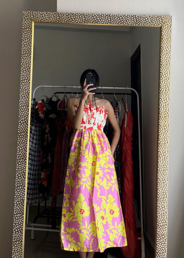 Multi Floral Two-tone  Tube Midi Dress 🌈