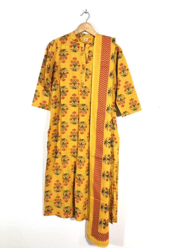 Mustard Yellow Printed Kurta & Dupatta (Women’s)