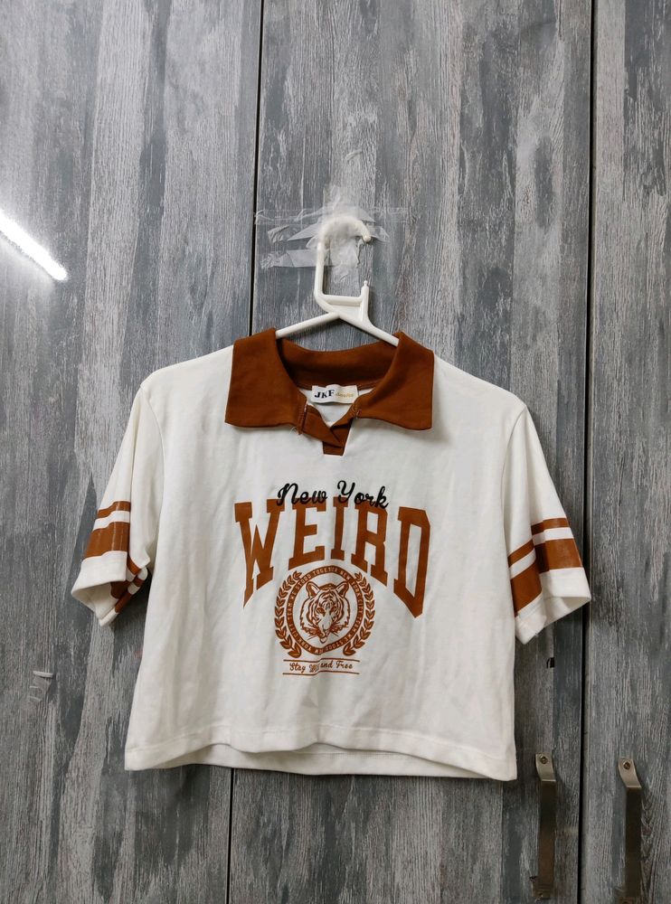 Crop Brown Collared White Tshirt