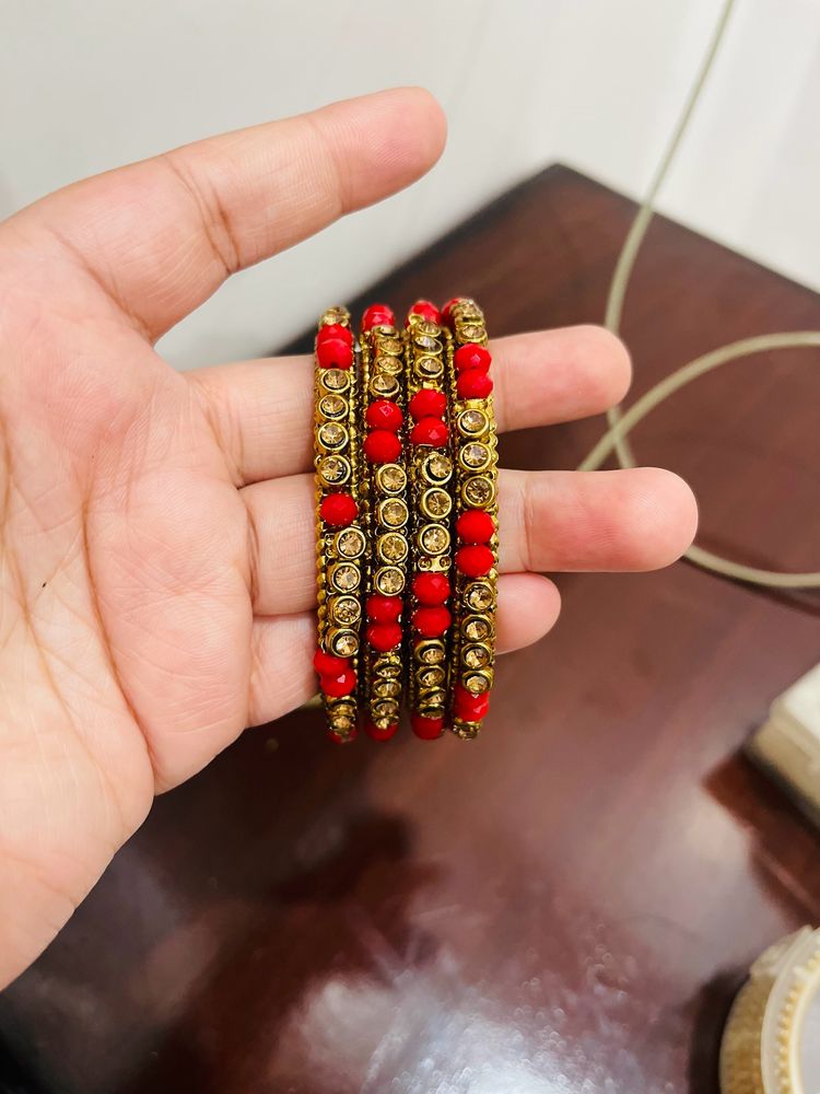 Red Golden Stone Studded Kada Bangles