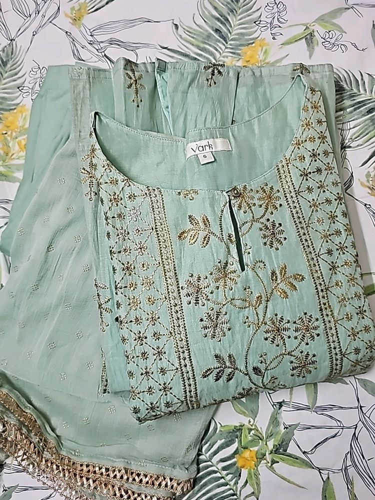 Vark Pastel Green Kurta Palazzo Duppatta Set