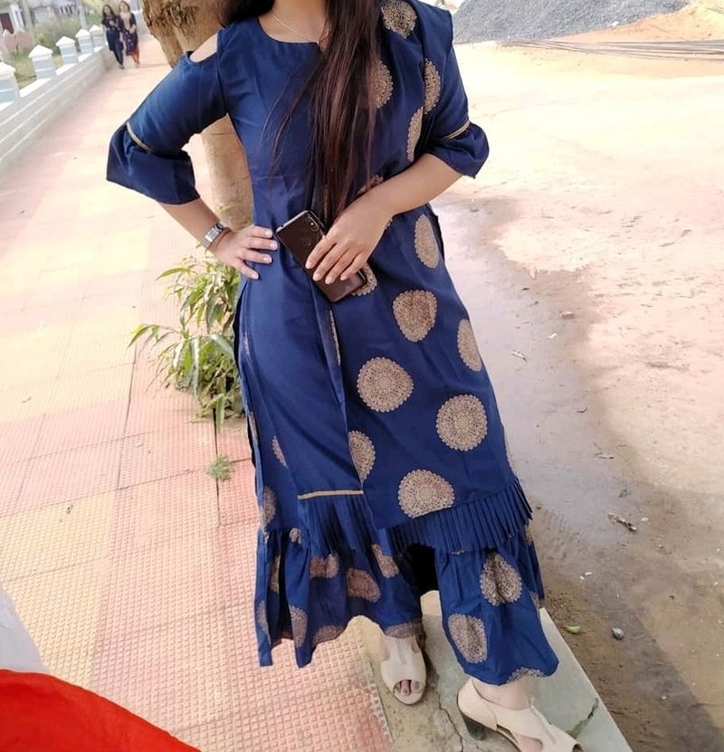 Cold Shoulder Navy Blue Kurta Sharara Set