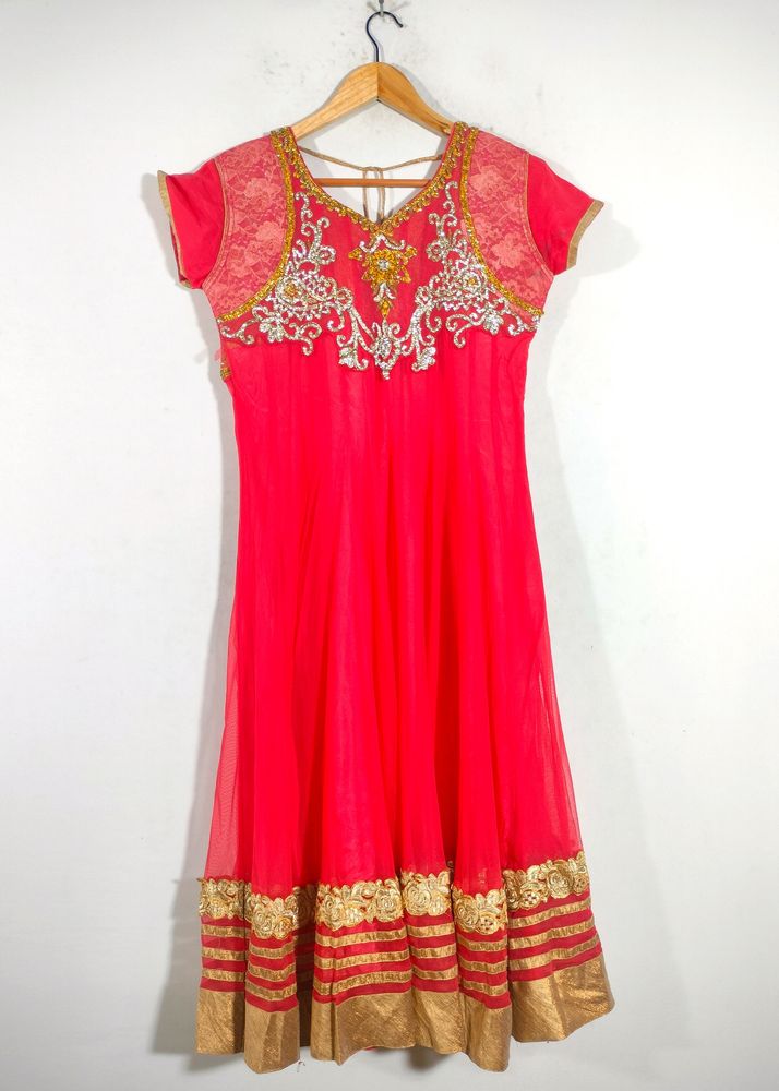 Corel Red With Gold Anarkali (Women's)