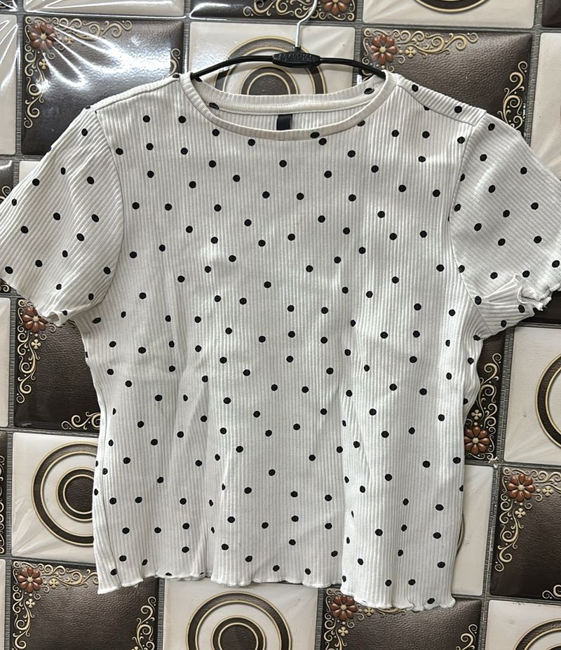 Polka Dot White Ribbed Top