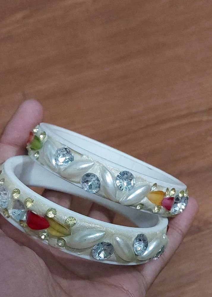 Off White Heavy Bangles With Crystal Work