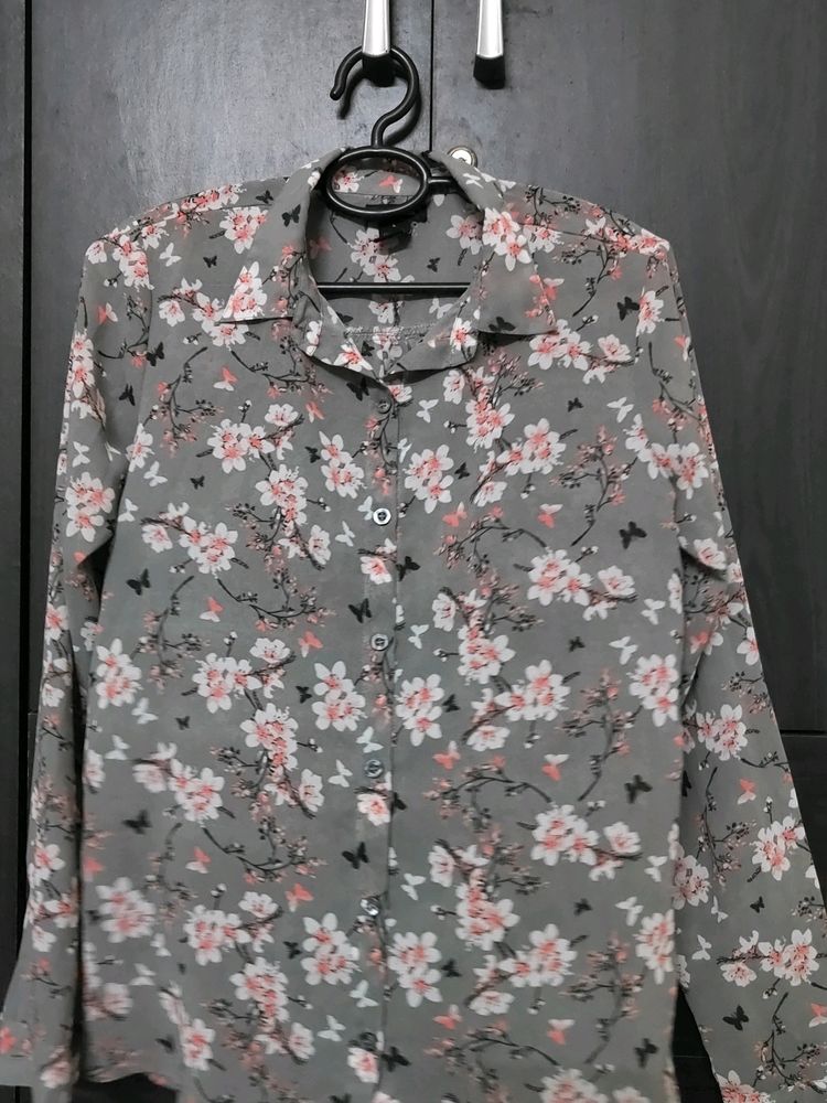 Grey floral Crepe Shirt