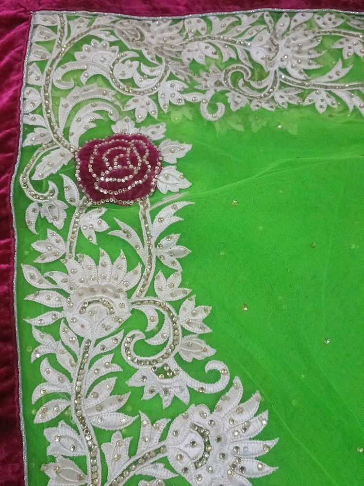 Net Saree, Neon Green Color With Heavy Embroidery.