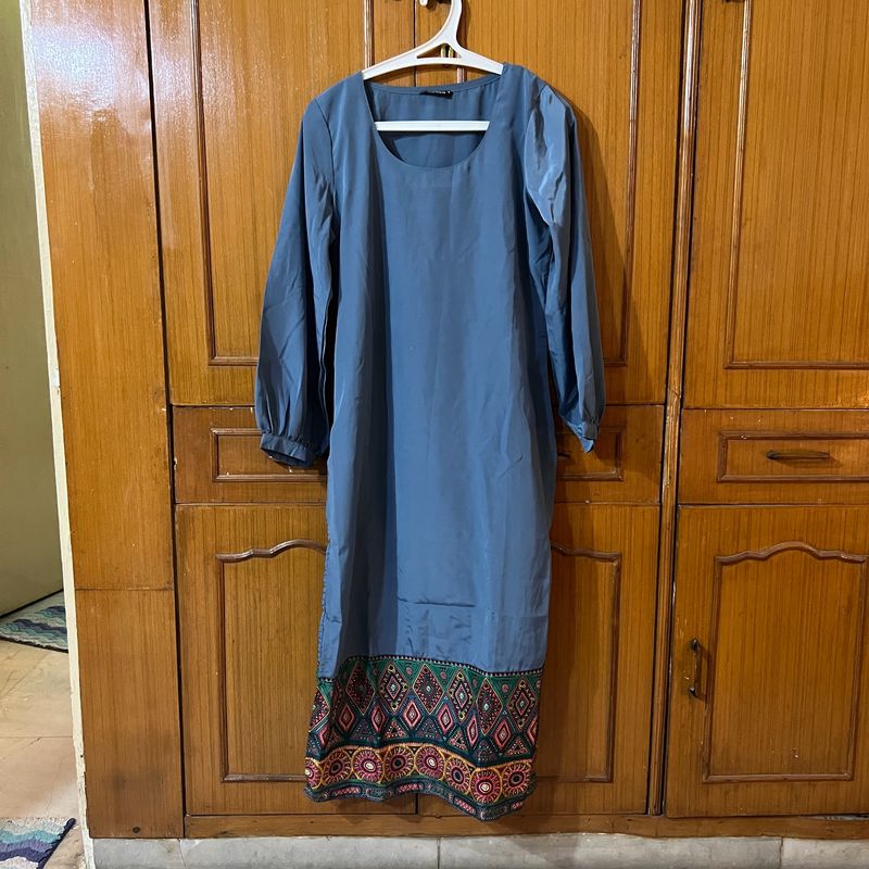 Breya Long Blue Kurta With Geometric Print On Hem