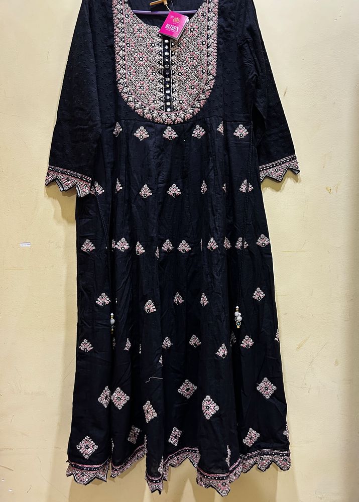 Neerus Embroidery Black Anarkali Kurta Set Size XL