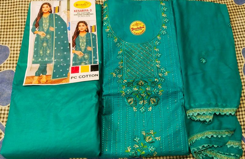 Unstitched Dress Material In Sea Green Colour