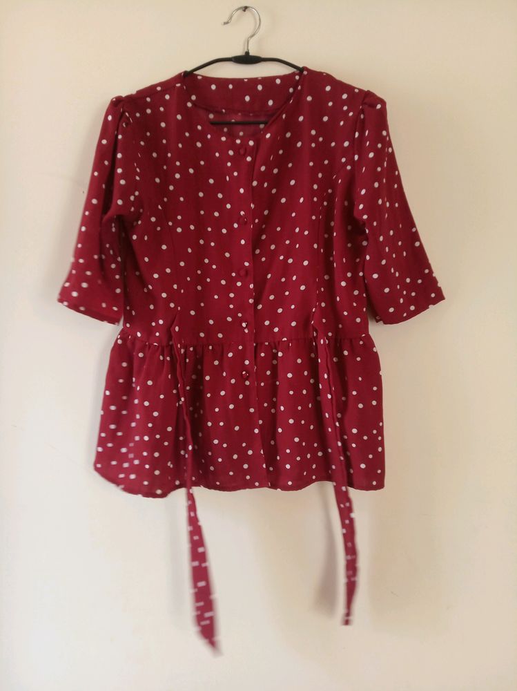Dark Red Polka Dot Front Openable Top