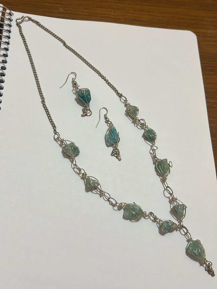 Blue Stone Gem Necklace And Earring Set