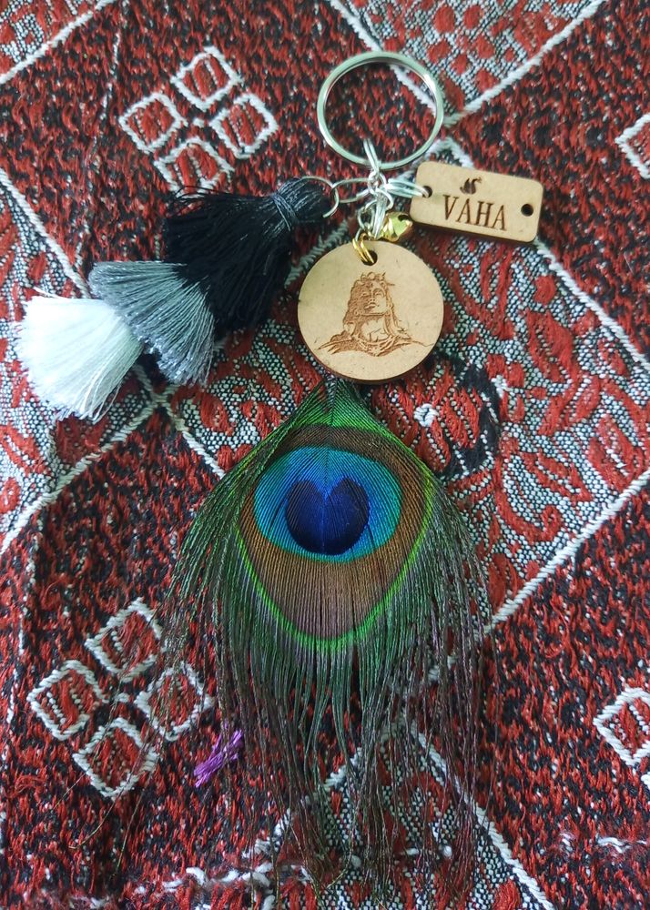 VAHA Adiyogi Peacock Feather Keyring With Tassel