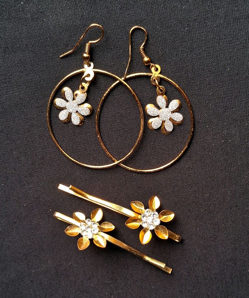 Stylish Golden Earring And Hair Pin Combo