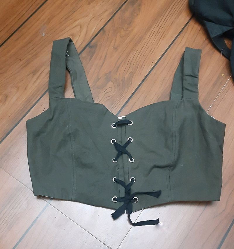 OLIVE GREEN DENIM CORSET TOP (FRONT LACE UP)